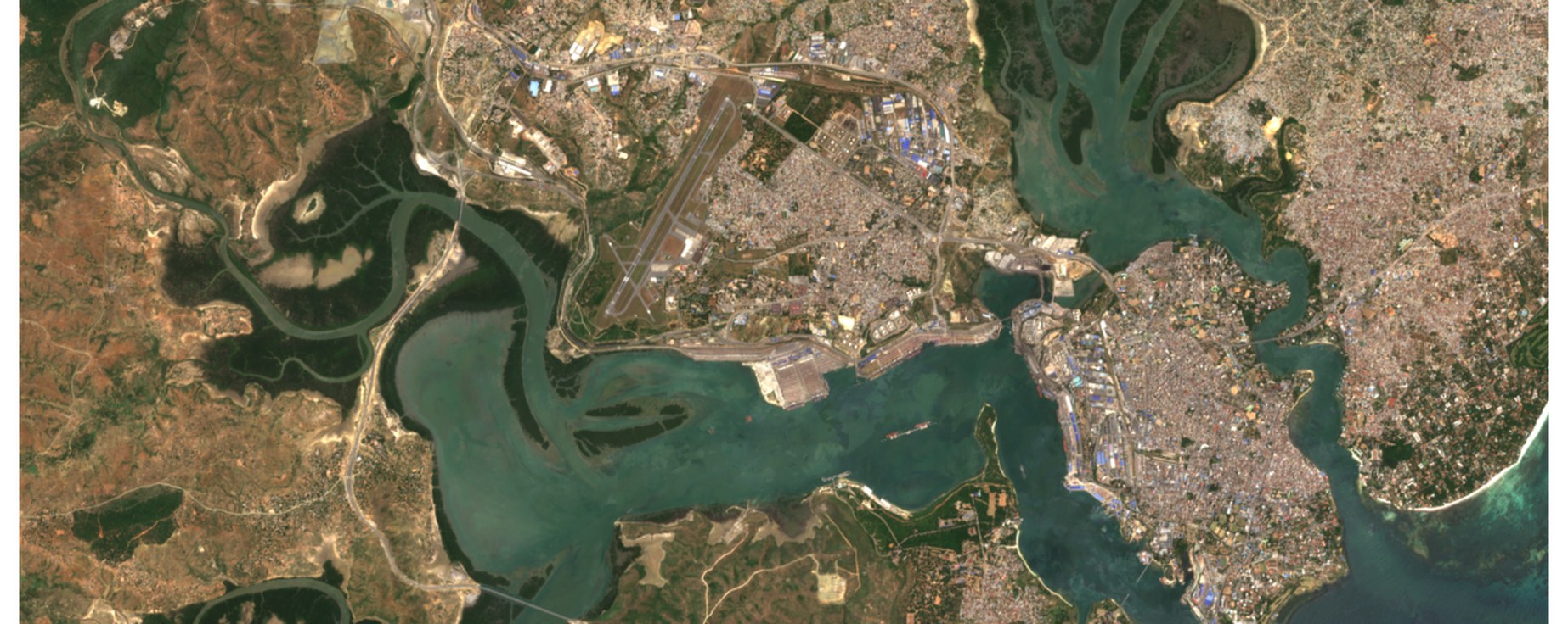 Sentinel-2 satellite composite of Mwache Creek and Mombasa, Kenya